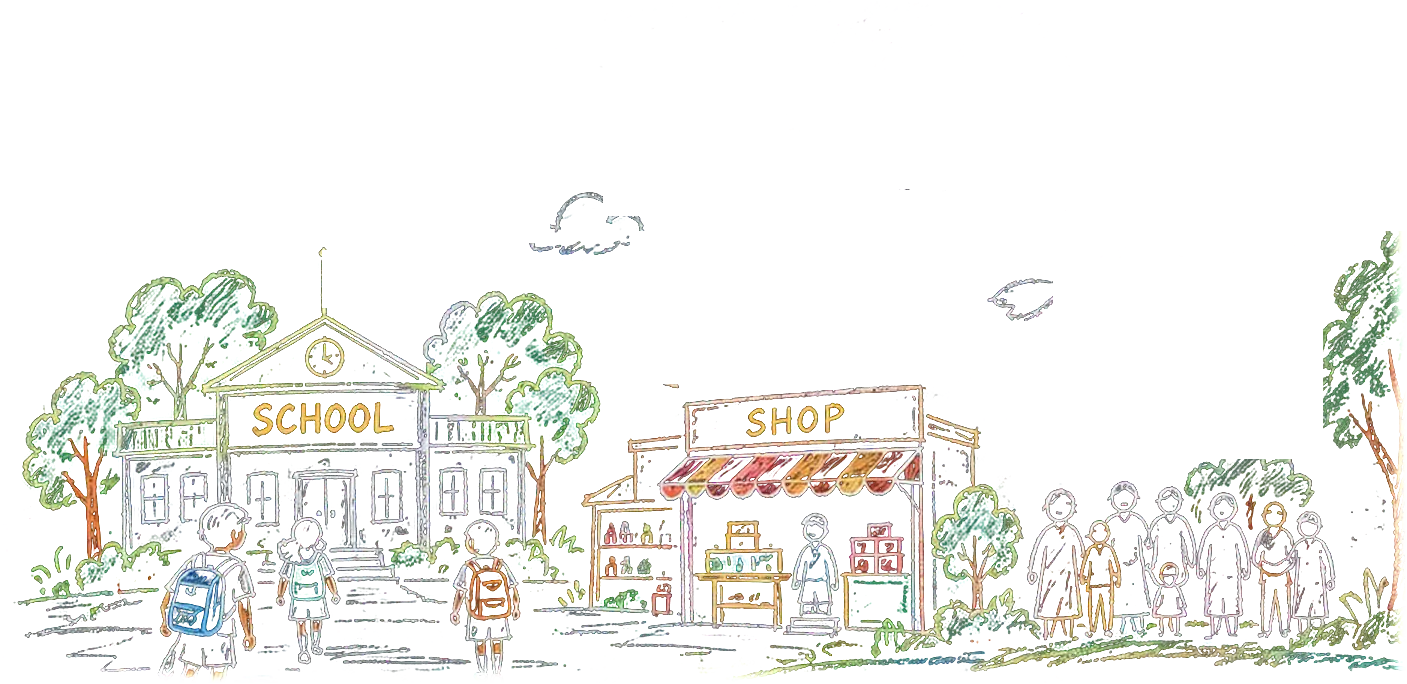 Chalk drawing of a school, a shop and a group of people